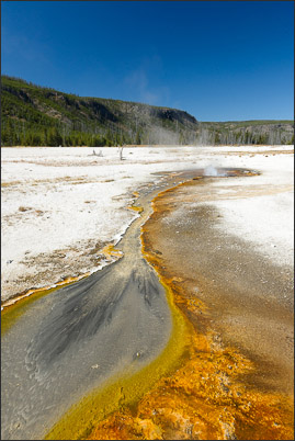 Dieser Geysir im Black Sand Basin zeigt am ablaufenden Wasser deutlich den Namensursprung der Geysir-Formation (Yellowstone Nationalpark, USA).<br />Nikon D3x mit AF-S NIKKOR 24?70 mm 1:2,8G ED