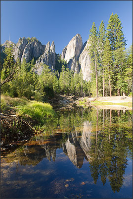 Spiegelung: Die Cathedral Rocks spiegeln sich im ruhigen Wasser des Merced River, Yosemite NP (Kalifornien, USA)<br />Nikon D3x mit AF-S NIKKOR 24-70 mm 1:2,8G